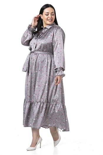Büyük Beden Gömlek Yaka İnci Düğmeli Kuşaklı Uzun Kollu Maksi Boy Gri Elbise