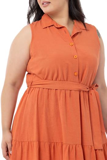Büyük Beden Gömlek Yaka Kolsuz Beli Kuşaklı Oranj Elbise