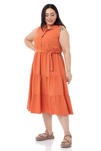 Büyük Beden Gömlek Yaka Kolsuz Beli Kuşaklı Oranj Elbise