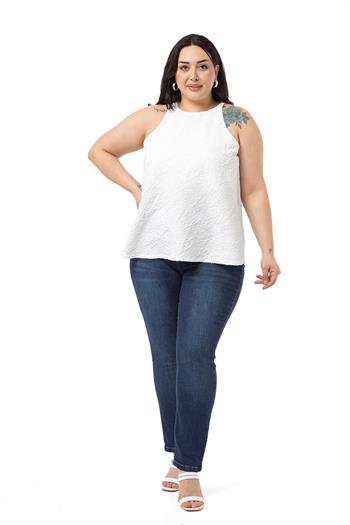 Büyük Beden Halter Yaka Astarlı Kolsuz Beyaz Bluz