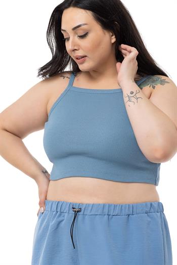 Büyük Beden İp Askılı Fitilli Kaşkorse Mavi Crop