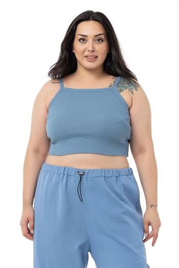 Büyük Beden İp Askılı Fitilli Kaşkorse Mavi Crop