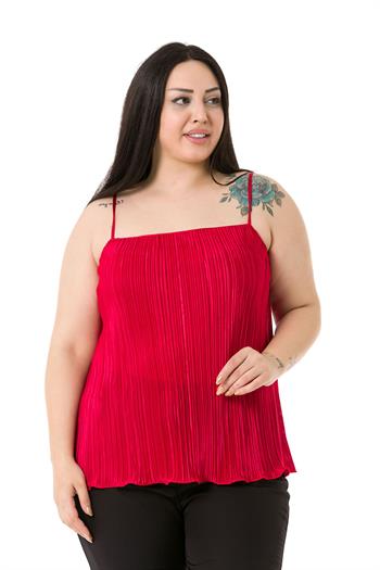 Büyük Beden İp Askılı Kraşlı Saten Kırmızı Bluz 