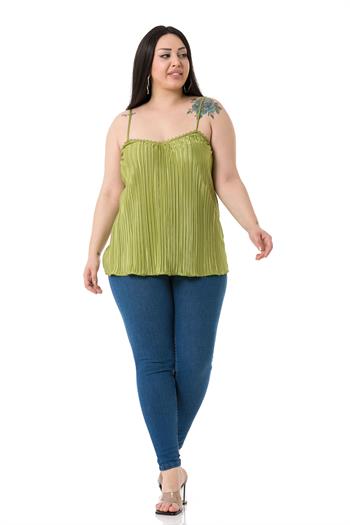 Büyük Beden İp Askılı V Yakalı Kaşkorse Yeşil Bluz