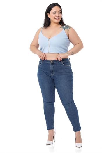 Büyük Beden İp Askılı V Yakalı Fermuar Detaylı Crop Mavi Body