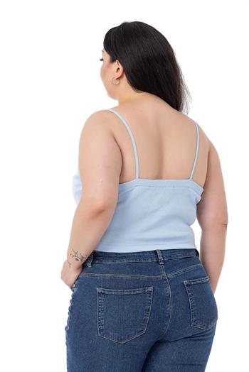 Büyük Beden İp Askılı V Yakalı Fermuar Detaylı Crop Mavi Body