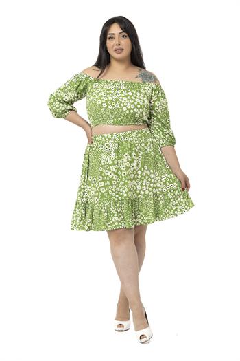 Büyük Beden İspanyol Yaka Bluz Etek Yeşil Takım 