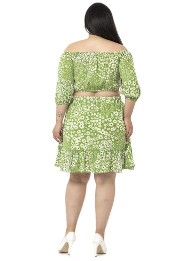 Büyük Beden İspanyol Yaka Bluz Etek Yeşil Takım 