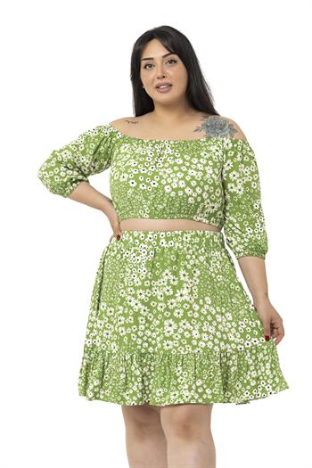 Büyük Beden İspanyol Yaka Bluz Etek Yeşil Takım 