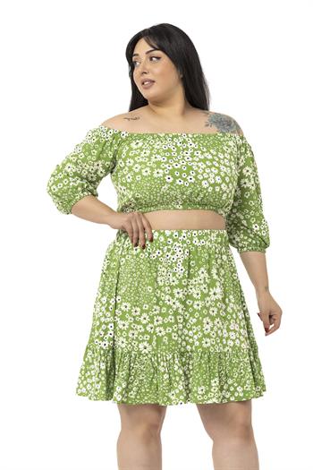 Büyük Beden İspanyol Yaka Bluz Etek Yeşil Takım 