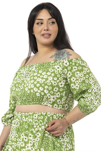 Büyük Beden İspanyol Yaka Bluz Etek Yeşil Takım 