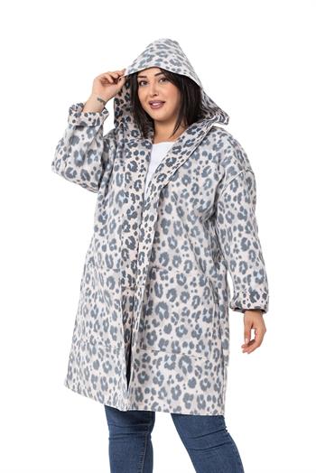 Büyük Beden Kapüşonlu Cepli Kuşak Bağlamalı Leopar Desen Gri Hırka