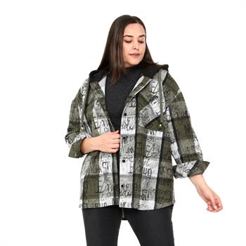 Büyük Beden Kapüşonlu Cepli Üç İplik Pamuklu Haki Gömlek