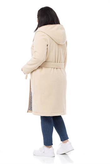 Büyük Beden Kapüşonlu Cepli Beli Kuşaklı Polar Krem Kaban