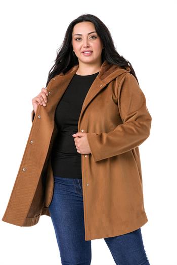Büyük Beden Kapüşonlu Cepli Çıt Çıt Kapamalı Kahverengi Mont