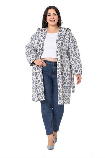 Büyük Beden Kapüşonlu Cepli Kuşak Bağlamalı Leopar Desen Gri Hırka