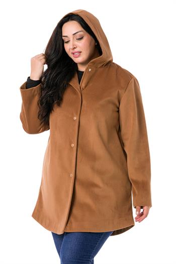 Büyük Beden Kapüşonlu Cepli Çıt Çıt Kapamalı Kahverengi Mont