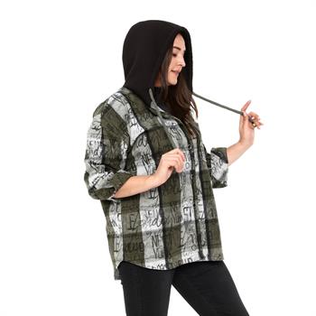 Büyük Beden Kapüşonlu Cepli Üç İplik Pamuklu Haki Gömlek