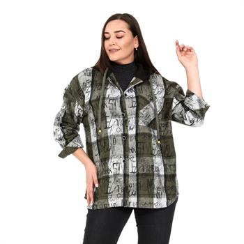 Büyük Beden Kapüşonlu Cepli Üç İplik Pamuklu Haki Gömlek