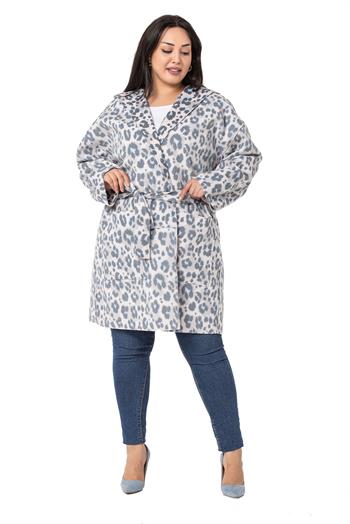 Büyük Beden Kapüşonlu Cepli Kuşak Bağlamalı Leopar Desen Gri Hırka