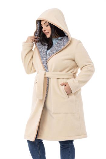 Büyük Beden Kapüşonlu Cepli Beli Kuşaklı Polar Krem Kaban