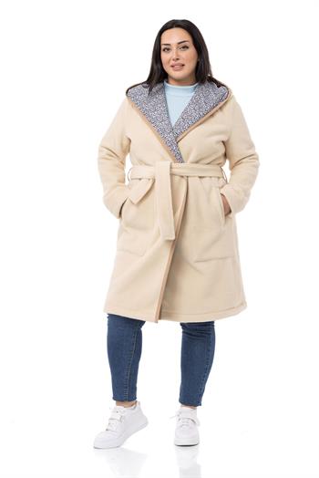 Büyük Beden Kapüşonlu Cepli Beli Kuşaklı Polar Krem Kaban