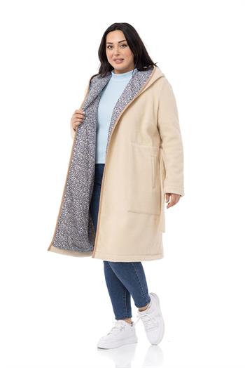 Büyük Beden Kapüşonlu Cepli Beli Kuşaklı Polar Krem Kaban