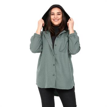 Büyük Beden Kapüşonlu Tek Cepli Yeşil Gömlek 