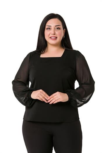 TEK KALANLARBüyük Beden Kare Yaka Kolları Şifon Yanları Yırtmaçlı Siyah Saten BluzDISENTIS MODESTBüyük Beden Kare Yaka Kolları Şifon Yanları Yırtmaçlı Siyah Saten Bluz