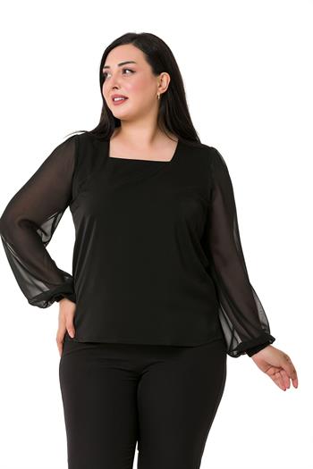 Büyük Beden Kare Yaka Kolları Şifon Yanları Yırtmaçlı Siyah Saten Bluz