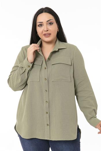 Büyük Beden Katlamalı Kollu Kapaklı Cepli Arkası Uzun Haki Müslin Gömlek