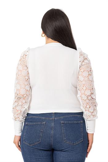 Büyük Beden Kolları Dantelli Kol Ağzı Manşetli Kaşkorse Beyaz Body