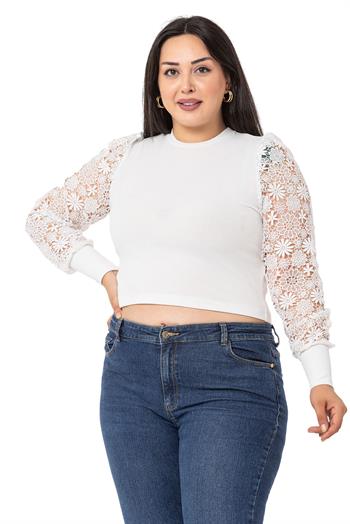 Büyük Beden Kolları Dantelli Kol Ağzı Manşetli Kaşkorse Beyaz Body