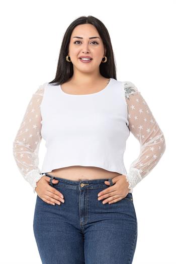 Büyük Beden Kolları Tül Kol Ağzı Gipeli Kaşkorse Beyaz Body