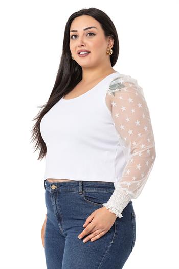 Büyük Beden Kolları Tül Kol Ağzı Gipeli Kaşkorse Beyaz Body