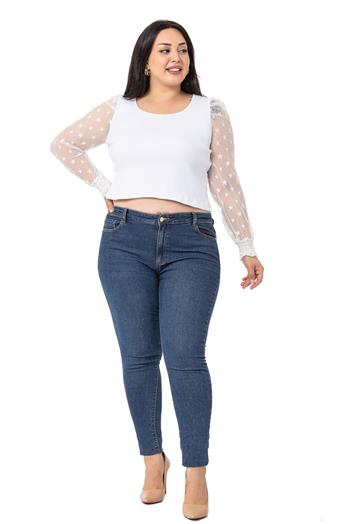 Büyük Beden Kolları Tül Kol Ağzı Gipeli Kaşkorse Beyaz Body