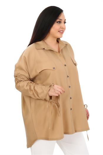 Büyük Beden Kolları Tünelli Kapalı Cepli Oversize Camel Gömlek 