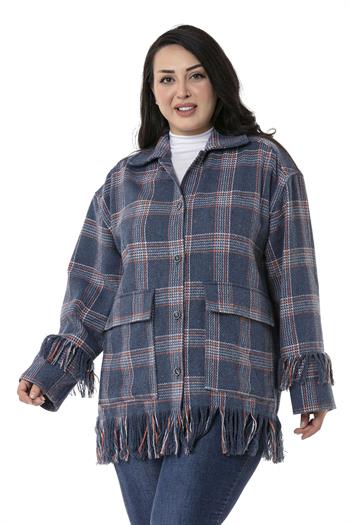 Büyük Beden Kolları ve Etek Uçları Püsküllü Cepli Oduncu Model Mavi Gömlek