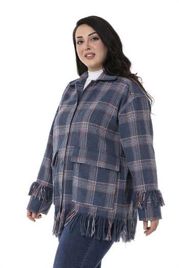 Büyük Beden Kolları ve Etek Uçları Püsküllü Cepli Oduncu Model Mavi Gömlek