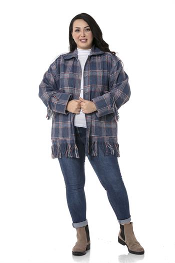 Büyük Beden Kolları ve Etek Uçları Püsküllü Cepli Oduncu Model Mavi Gömlek