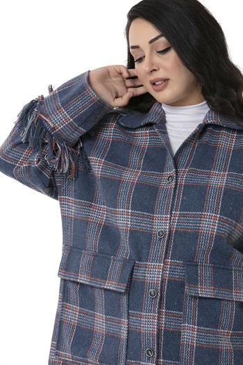 Büyük Beden Kolları ve Etek Uçları Püsküllü Cepli Oduncu Model Mavi Gömlek