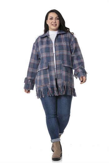 Büyük Beden Kolları ve Etek Uçları Püsküllü Cepli Oduncu Model Mavi Gömlek