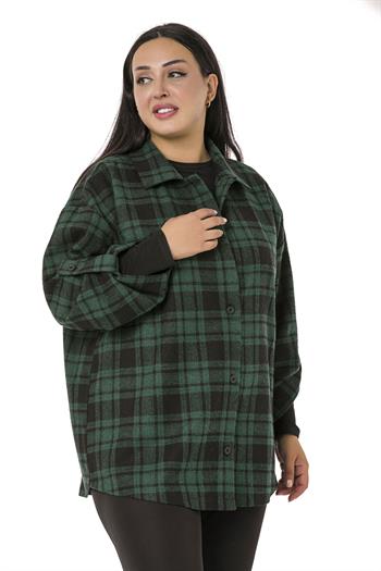 Büyük Beden Kolu Katlanır Düğmeli Ekose Yeşil Oduncu Gömlek