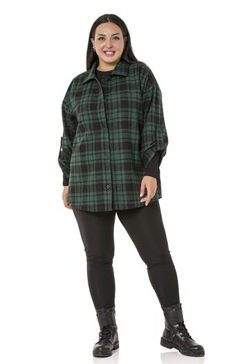 Büyük Beden Kolu Katlanır Düğmeli Ekose Yeşil Oduncu Gömlek
