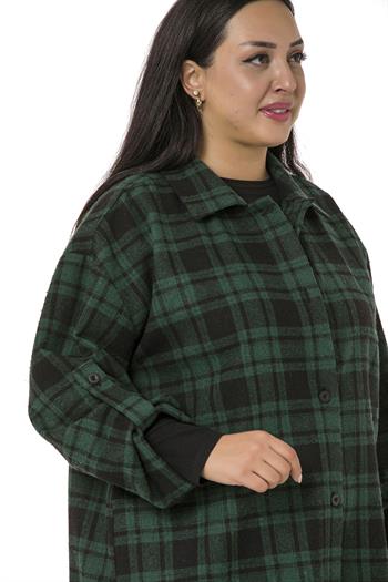 Büyük Beden Kolu Katlanır Düğmeli Ekose Yeşil Oduncu Gömlek