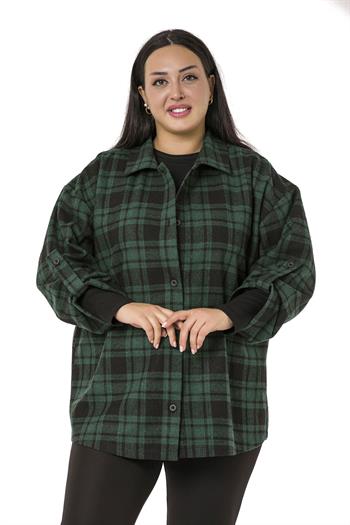 Büyük Beden Kolu Katlanır Düğmeli Ekose Yeşil Oduncu Gömlek