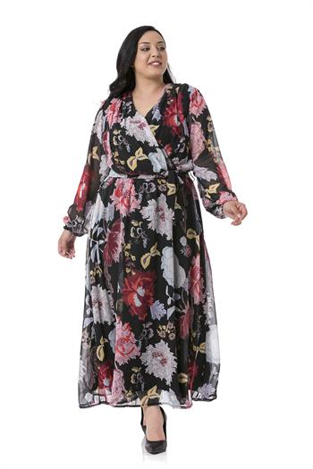 TEK KALANLARBüyük Beden Kruvaze Yaka Astarlı Beli Lastikli ve Kuşaklı Maksi Boy Çiçek Desenli Siyah Şifon ElbiseDISENTIS MODESTBüyük Beden Kruvaze Yaka Astarlı Beli Lastikli ve Kuşaklı Maksi Boy Çiçek Desenli Siyah Şifon Elbise