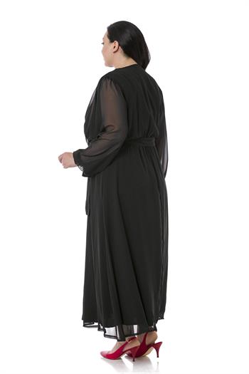KRUVAZE YAKA BELİ KUŞAKLI KOLLARI TÜL MAKSİ BOY ASTARLI SİYAH ŞİFON ELBİSE