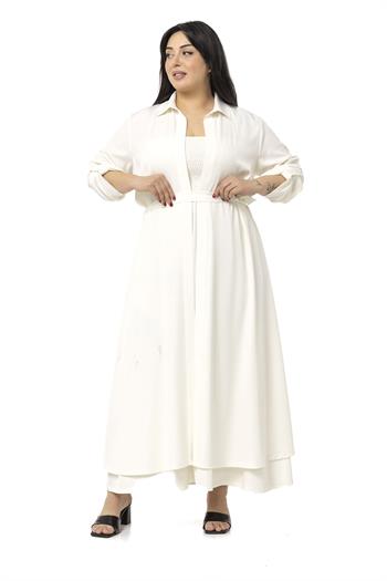 Büyük Beden Kuşak Detaylı Gömlek Yaka Beyaz Kimono