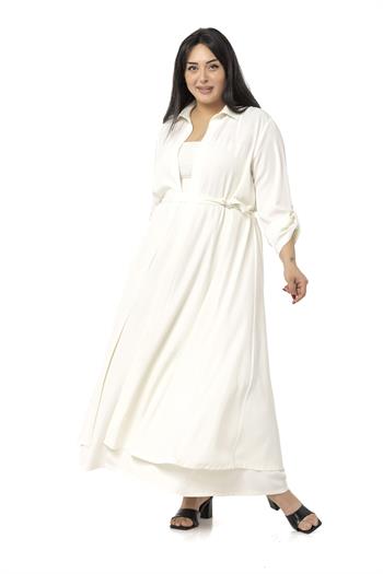Büyük Beden Kuşak Detaylı Gömlek Yaka Beyaz Kimono